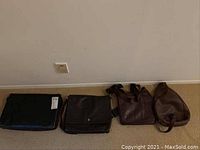 Four leather bags lined up on carpet against a plain wall, showing their front sides. Two black briefcases and two brown shoulder bags visible.