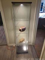 Photo showing full front view of the tall glass display case with overhead light turned on, revealing clear glass shelves and black framing.