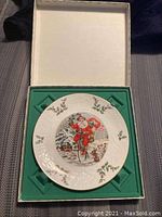 Decorative plate featuring Santa Claus on a high-wheel bicycle with winter animals and scenery, presented in its original fitted box with green cushion insert.