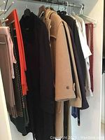 Closet rack showing coats, shirt, scarves and neckties