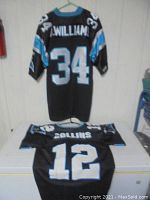 Back view of two Carolina Panthers jerseys, one hanging black DeAngelo Williams #34 size 56 and one laid flat Kerry Collins #12 size 46