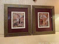 Three gold-toned ribbed pattern frames side by side on wall, each containing abstract mixed media collage artwork with burgundy mats