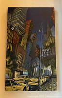 Full view of the painting showing a New York City streetscape at night with yellow taxis and tall buildings.