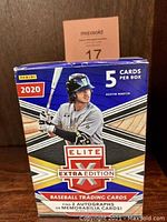 Front of the unopened 2020 Panini Elite Extra Edition baseball trading cards box showing player Austin Martin on the front and branding details.