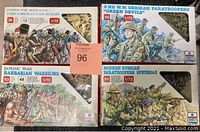 Four boxed miniature figure sets from ESCI/ERTL from the 1980s showing historic and modern military units in 1/72 scale.