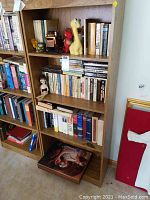Full bookshelf showing assorted books arranged on shelves including hardcover and paperback editions with a framed print below.