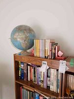 Bookshelves with assorted books and National Geographic lighted globe on top left.