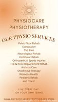 Title image showing Physiocare Physiotherapy services offered including pelvic floor rehab, concussion, TMI pain, neurological rehab, vestibular rehab, orthopedic & sports injuries, hip & knee replacement rehab, arthritis care, shockwave therapy, women's health, and pediatric rehab.