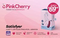 Photo showing the product packaging for Satisfyer Curvy 1+ from Pink Cherry. The box is pink-themed with product information including waterproof rating, USB rechargeable feature, air pulse and vibration modes, and app compatibility.