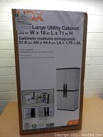 Photo of HDX utility cabinet in sealed cardboard box with product details and dimensions.