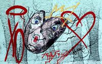 Full image of the mixed media painting showing the abstract dual-faced motif on a light blue background with graffiti-style elements in red and gold.