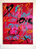 Front view of the painting showing red canvas with graffiti-style ‘love’ text and multicolored hearts