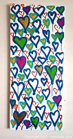 Front of painting with multicolored heart motifs on white background