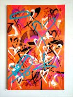 Front view of the painting showing vibrant graffiti-style composition on orange background