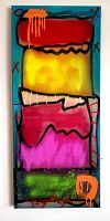 Front view of the colorful abstract painting with horizontal bands and signature.
