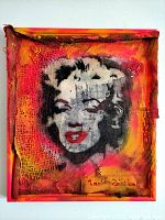 Front view of mixed media painting on canvas board in wood frame