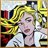 Full front view of the lithograph showing the woman with speech bubble in classic Lichtenstein pop art style.