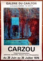 Front view of the vintage exhibition poster for Jean Carzou, showing artwork, exhibition details, and signature on bottom right.