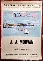 Full view of vintage Jean-Jacques Morvan gallery exhibition poster with abstract landscape artwork and textual details including gallery location and show dates.