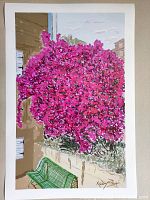 Frontal view of marker on paper artwork showing pink flowers, window frame, and green bench