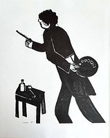 Full front image of black and white lithograph titled 'The Painter' depicting painter figure with palette and brush, next to table with bottles and cloth.