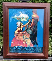 Full view of the framed vintage color travel poster print for Granada 1921 by J Carazo.