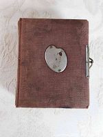 Front view of antique Carte De Visite photo album showing brown textured cover and metal paint palette emblem.