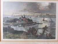 Full close view of print surface showing boats on water and distant cityscape