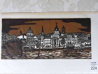 Full view of woodcut print titled 'Kingston from R.M.C.' showing cityscape in brown and black ink on paper, with edition number and signature visible