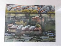 Close-up of the watercolour painting showing natural rock and water scene with signature and date "Clive Powsey 1990".