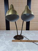 Front view showing two brass lamp heads attached to flexible arms on a round weighted base, placed on a table with a measuring ruler next to it indicating size