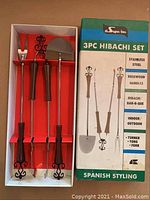 3-piece hibachi tool set in box with rosewood handles, stainless steel and decorative Spanish styling