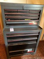 Front view of two-piece rolling tool chest closed