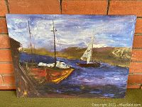 Painting showing sailboats on water with hills and a cloudy sky, highlighting the colors and details of the composition.