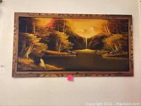 Framed painting 48x26 of autumn landscape with water and trees, warm colors, wood frame with decorative accents