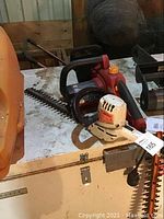 Wide view showing both the Black & Decker hedge trimmer and the Homelite chainsaw on a surface.