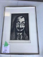 Framed print showing full image, mat, silver metal frame and lot tag