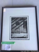 Full view of framed bromoil transfer print on floor against white wall