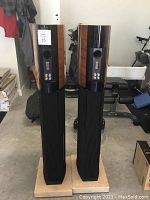 Two speakers on stands showing overall setup and condition