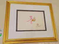 Frontal view of framed Pink Panther animation cel showing full frame, mat, and image