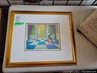 Framed Pink Panther serigraph cel showing the full artwork with Pink Panther and a man in a room with blue and white checkered floor, open door in background