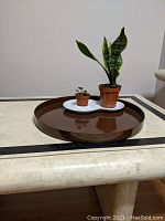 Photo showing the brown round Allbricka melamine tray with two potted plants on it, placed on a light stone table.