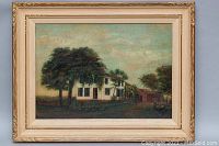 Framed oil painting depicting a white house with shutters, trees, and cloudy sky in a carved wooden frame with minor wear.