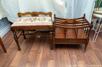 Front view of both the upholstered bench and magazine rack showing overall condition and scale.