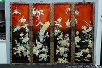 Set of 4 rectangular Asian panels with mother of pearl bird and floral art on black lacquer and red gradient background, showing full front view