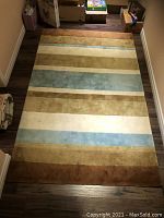 Full view of the rectangular striped area rug on dark wooden floor, showing overall color pattern and condition.
