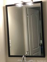 Full view of rectangular wall mirror showing black wood frame and reflection of a door and sink faucet.