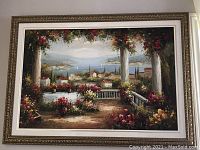 Full view of oil painting depicting garden terrace and coastline scene framed in decorative wooden frame