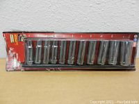 Full set of 11 deep sockets in original packaging, visible size range down the line in the blister pack.