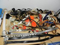 Various women's belts laid on a table showcasing different styles, materials, and buckle designs.